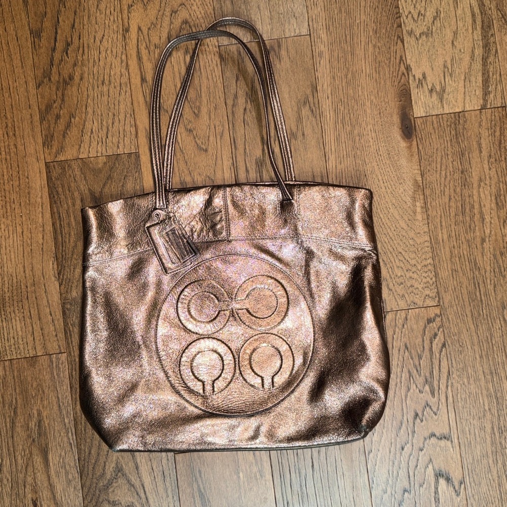 Coach Julia Op Art Perry Tote Bronze Metallic Leather 2 Hang Tags
